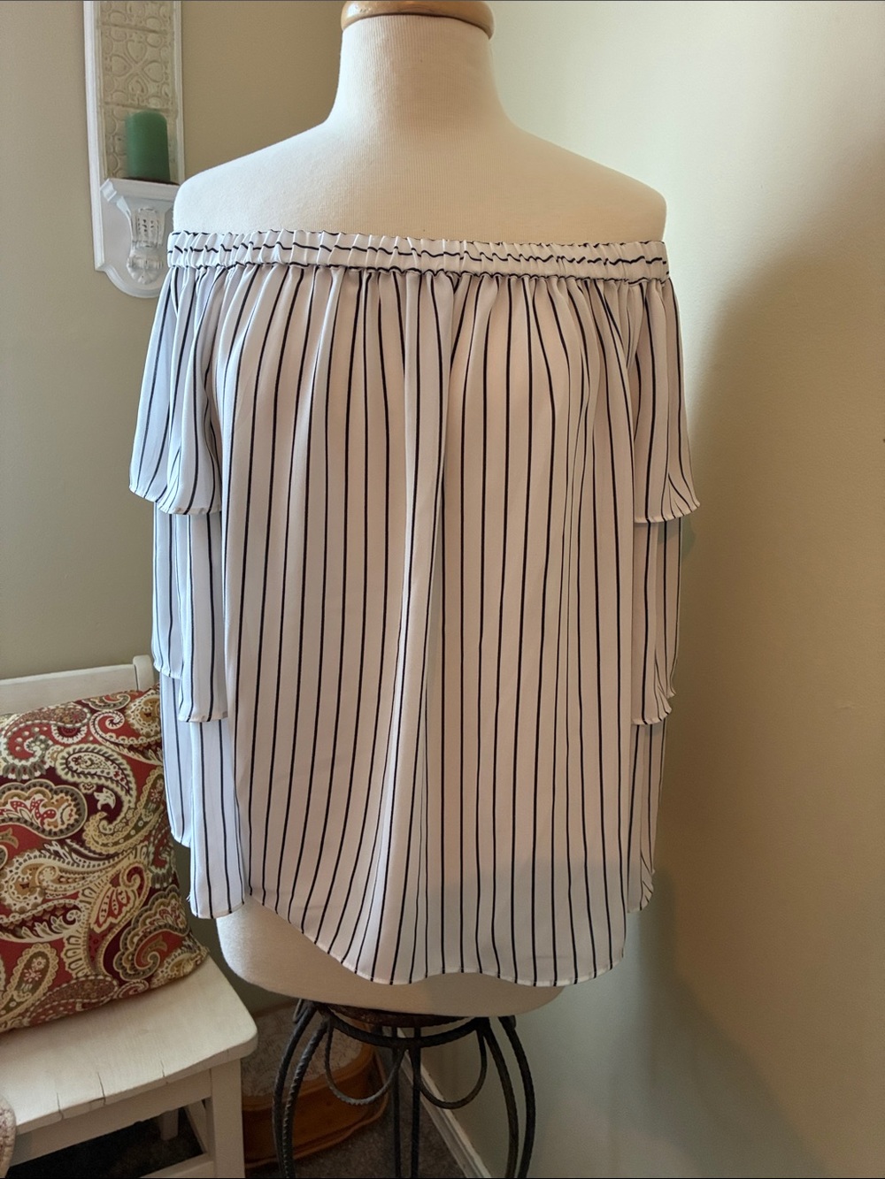 Worthington White Off-Shoulder Blouse with Black Stripes